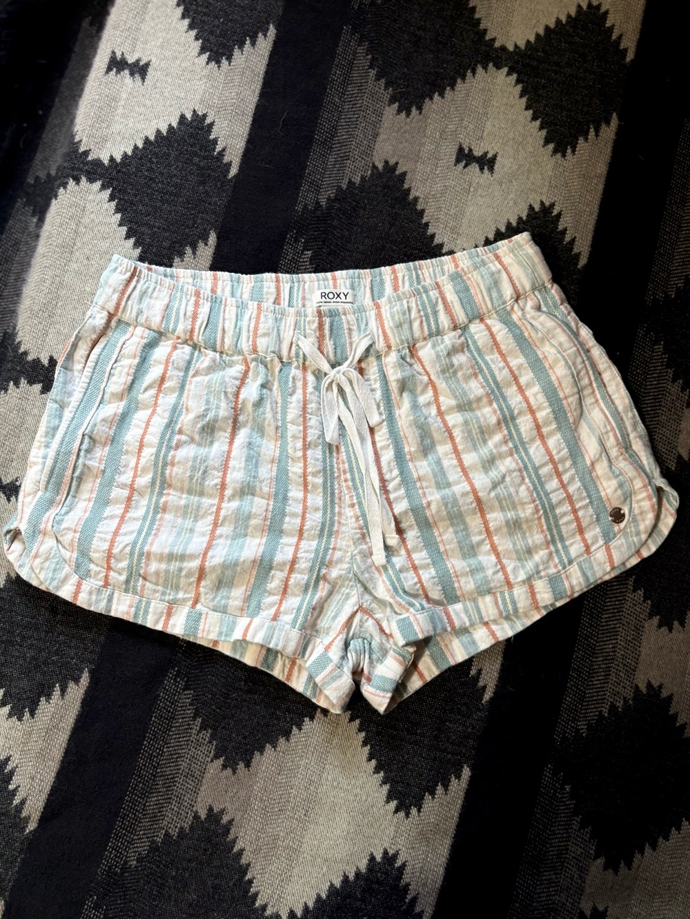 Roxy Cotton Striped Drawstring Women's Shorts in Light Blue & Coral, Size Small